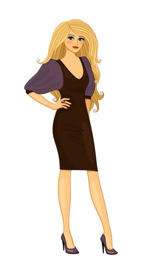 Trendy blond girl wearing dress and high heeled shoes flat vector illustration