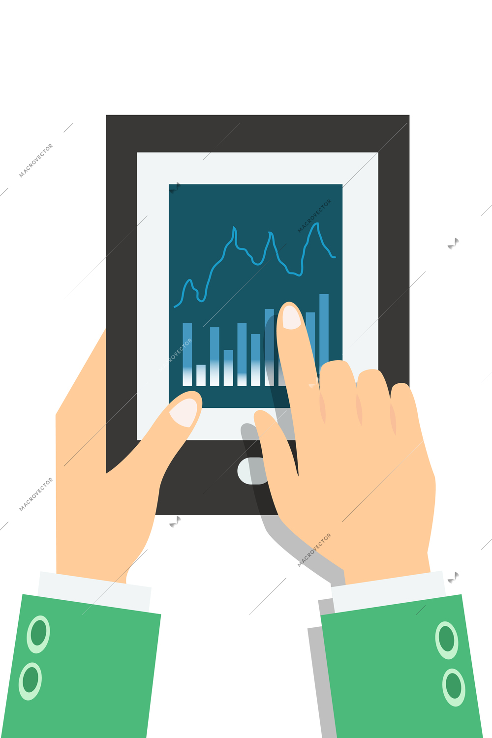 Businessman hands holding tablet with graph on screen flat vector illustration