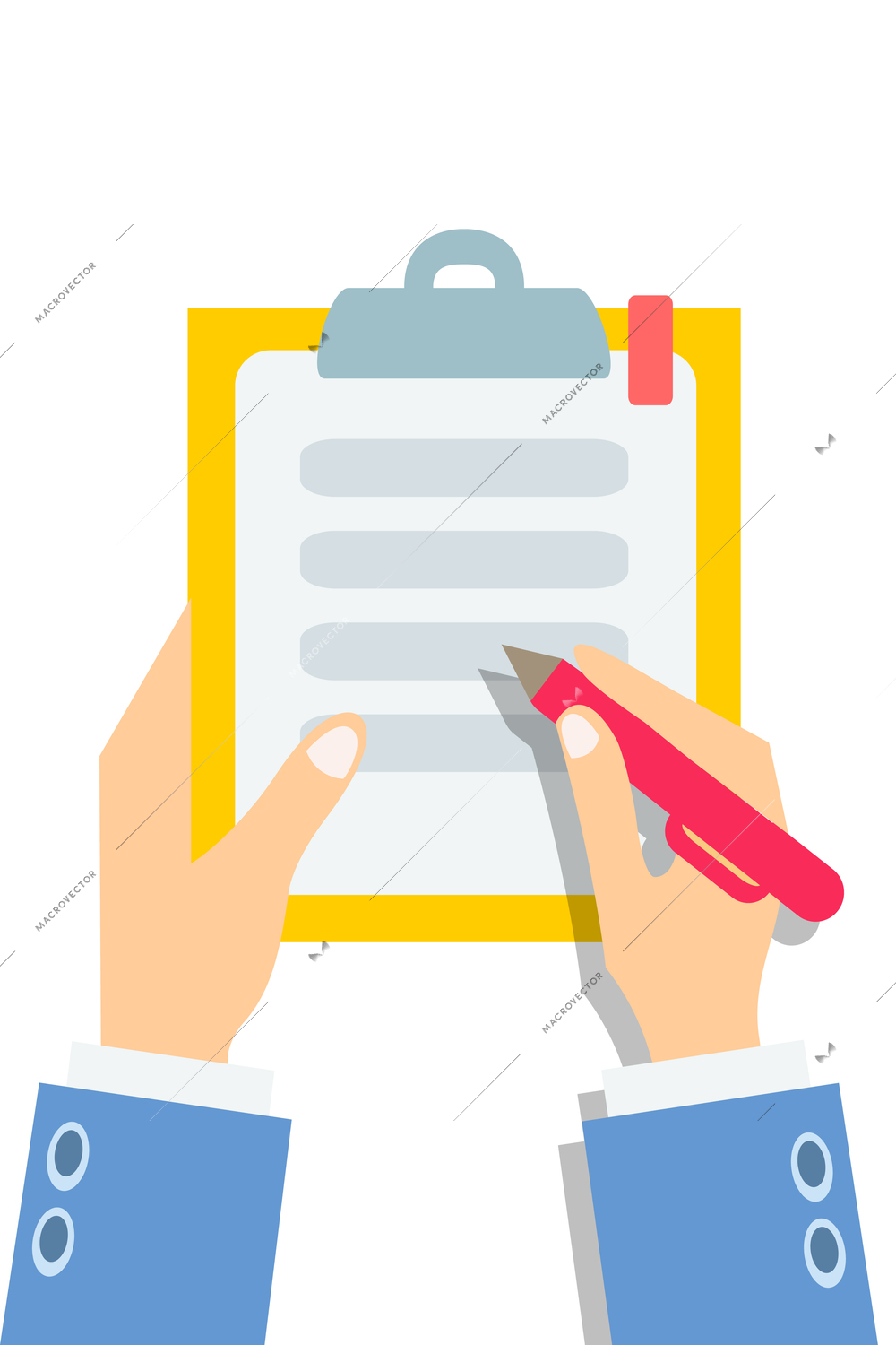 Male hands with document and pen business flat concept vector illustration