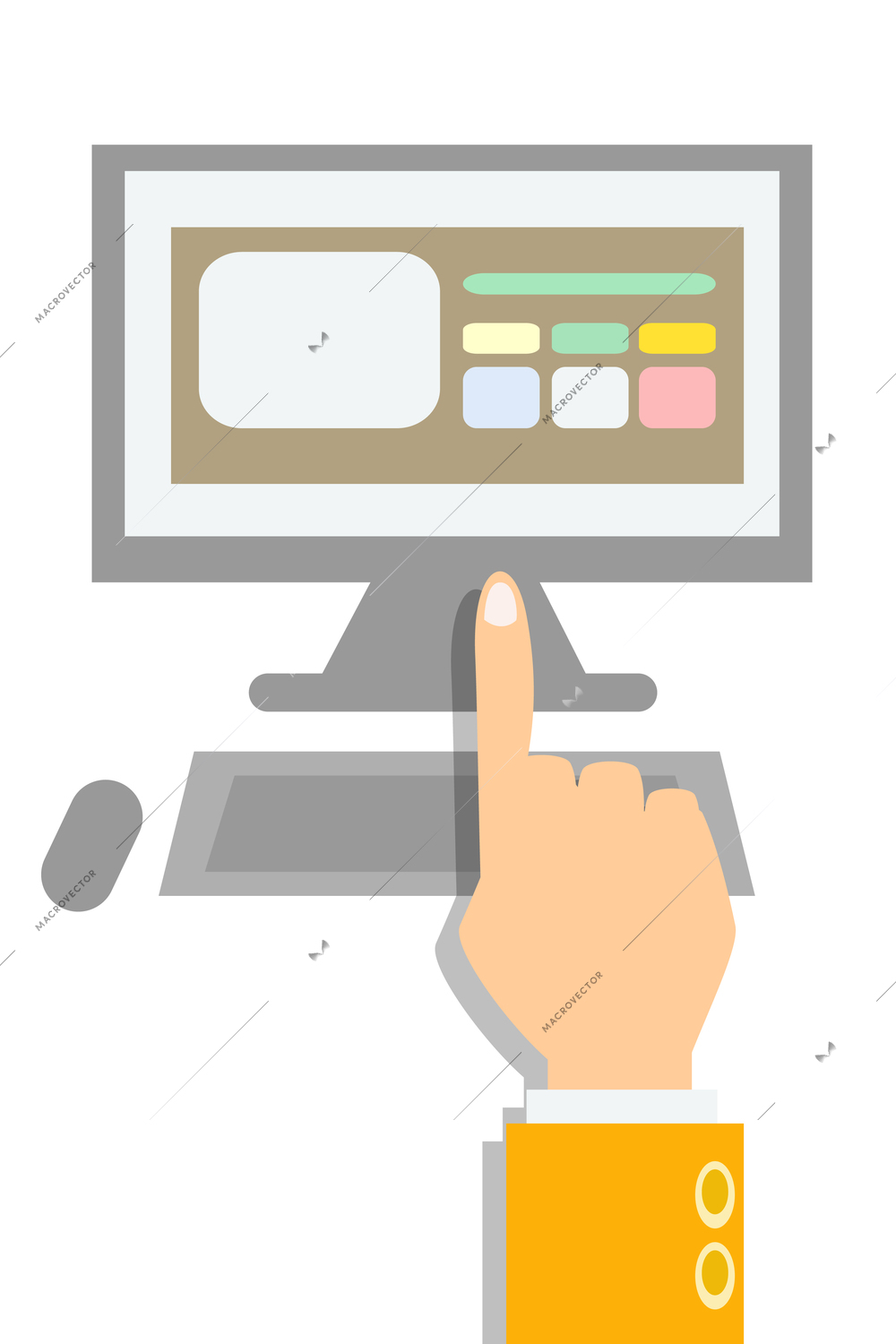 Business flat icon with human hand pointing at computer monitor vector illustration