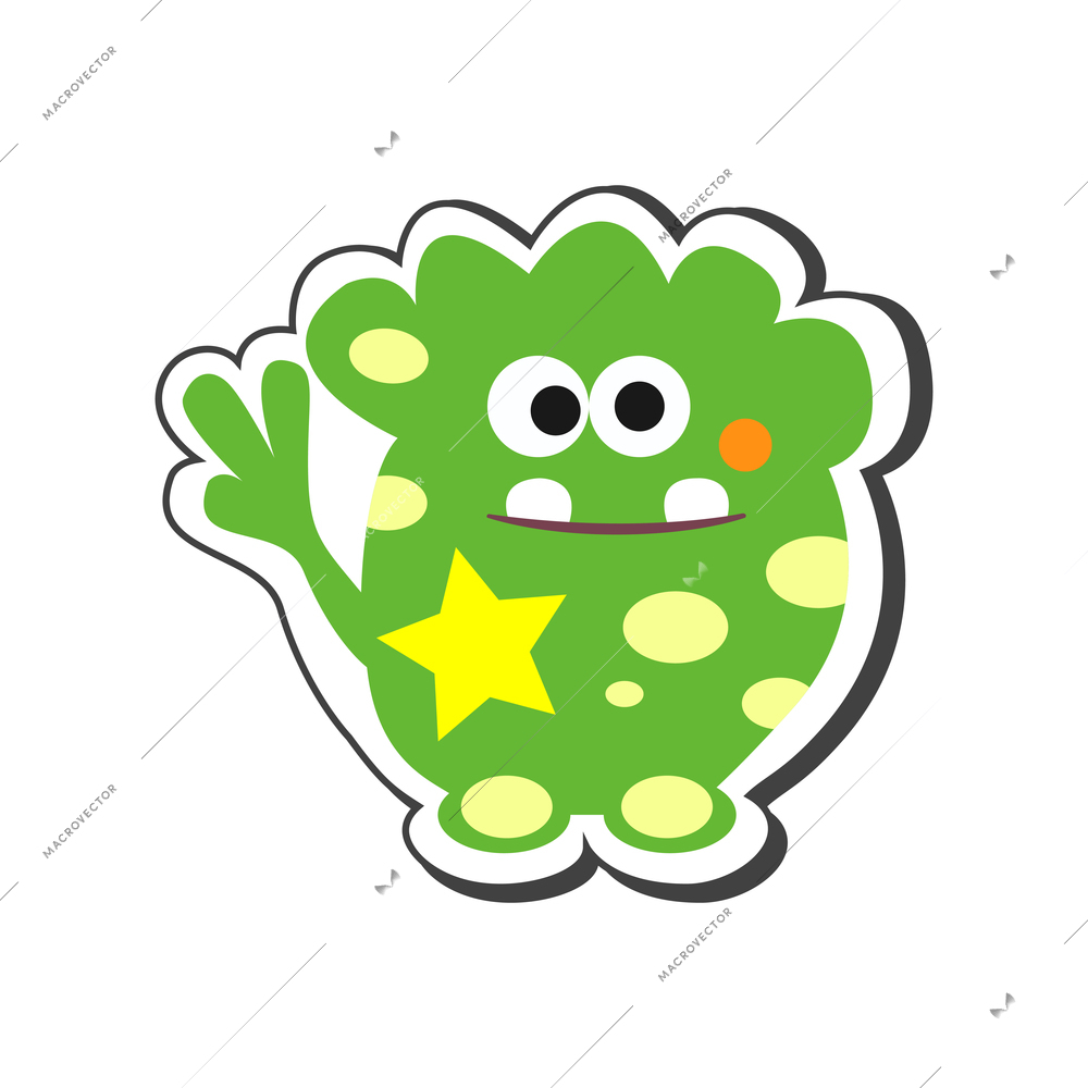 Funny green monster with spots teeth and star icon on white background cartoon vector illustration