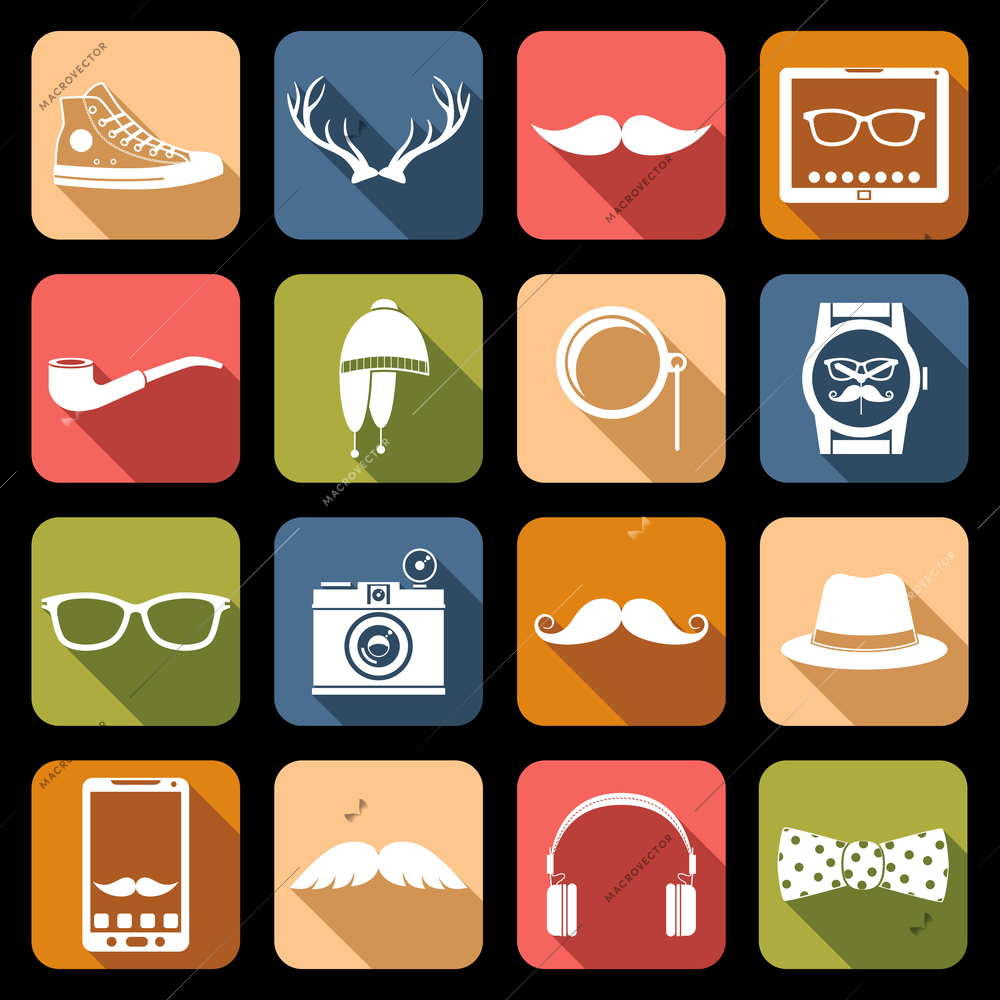 Hipster geek urban fashion elements icons flat set vector illustration