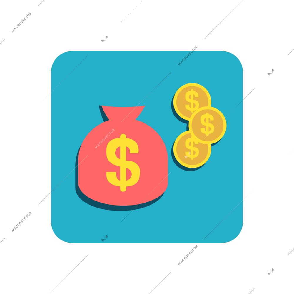 Flat business finance icon of bag with money and coins vector illustration