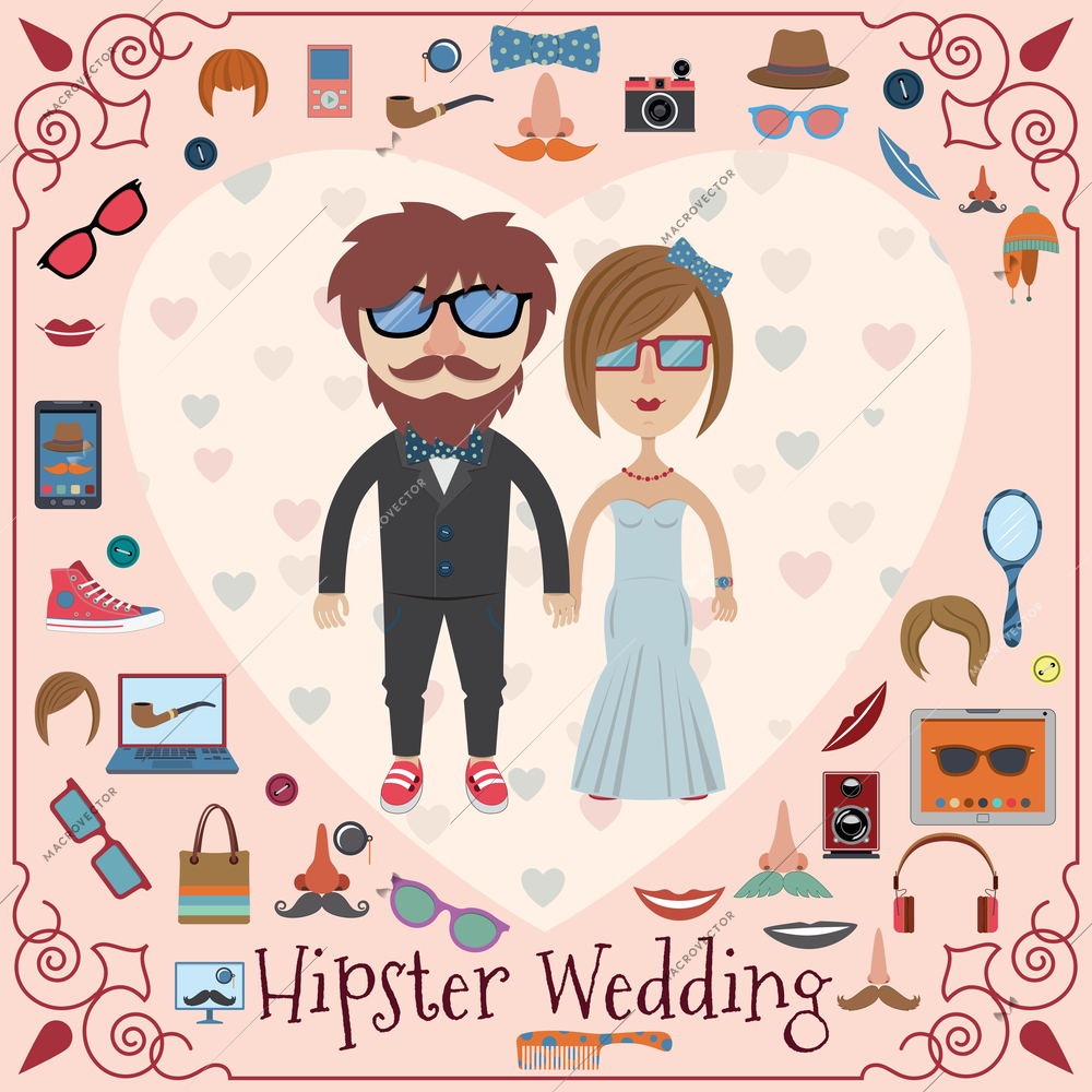 Hipster wedding card with fashion design elements vector illustration