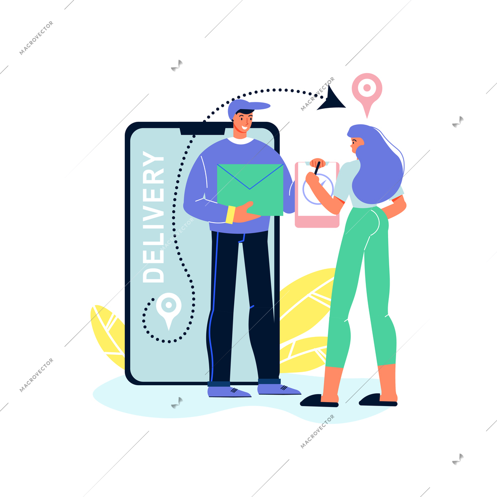 Online shopping composition with tracking and shipping pictograms with delivery guy and female buyer vector illustration