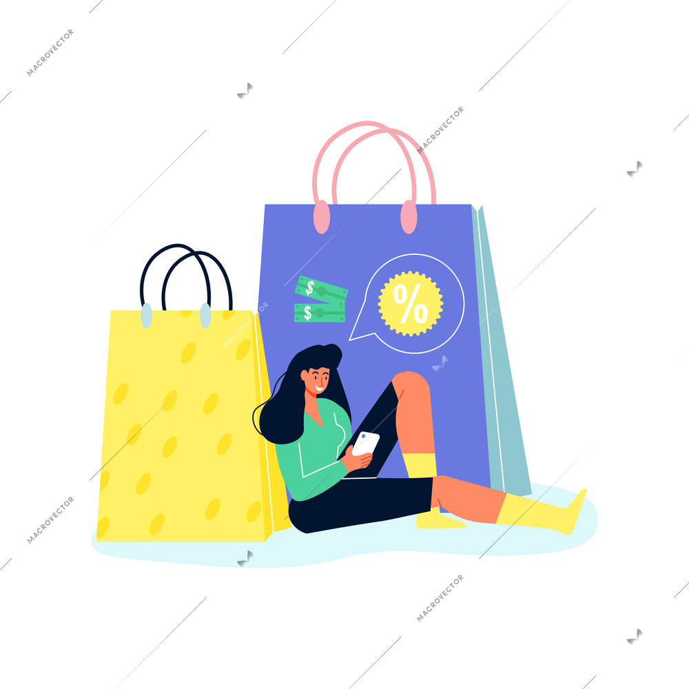 Online shopping composition with shopping bags with small female character vector illustration