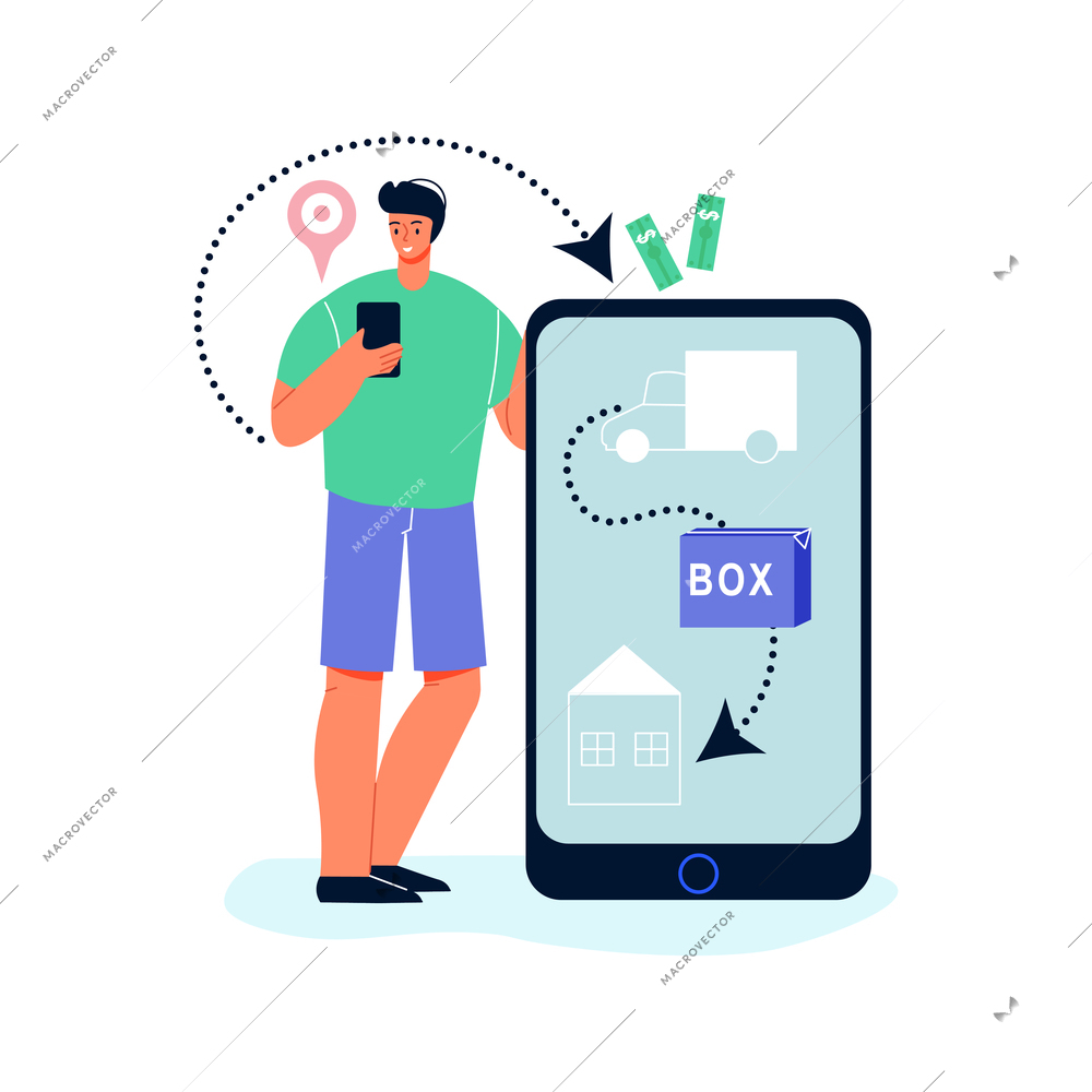 Online shopping composition with male character standing at smartphone with tracking application vector illustration