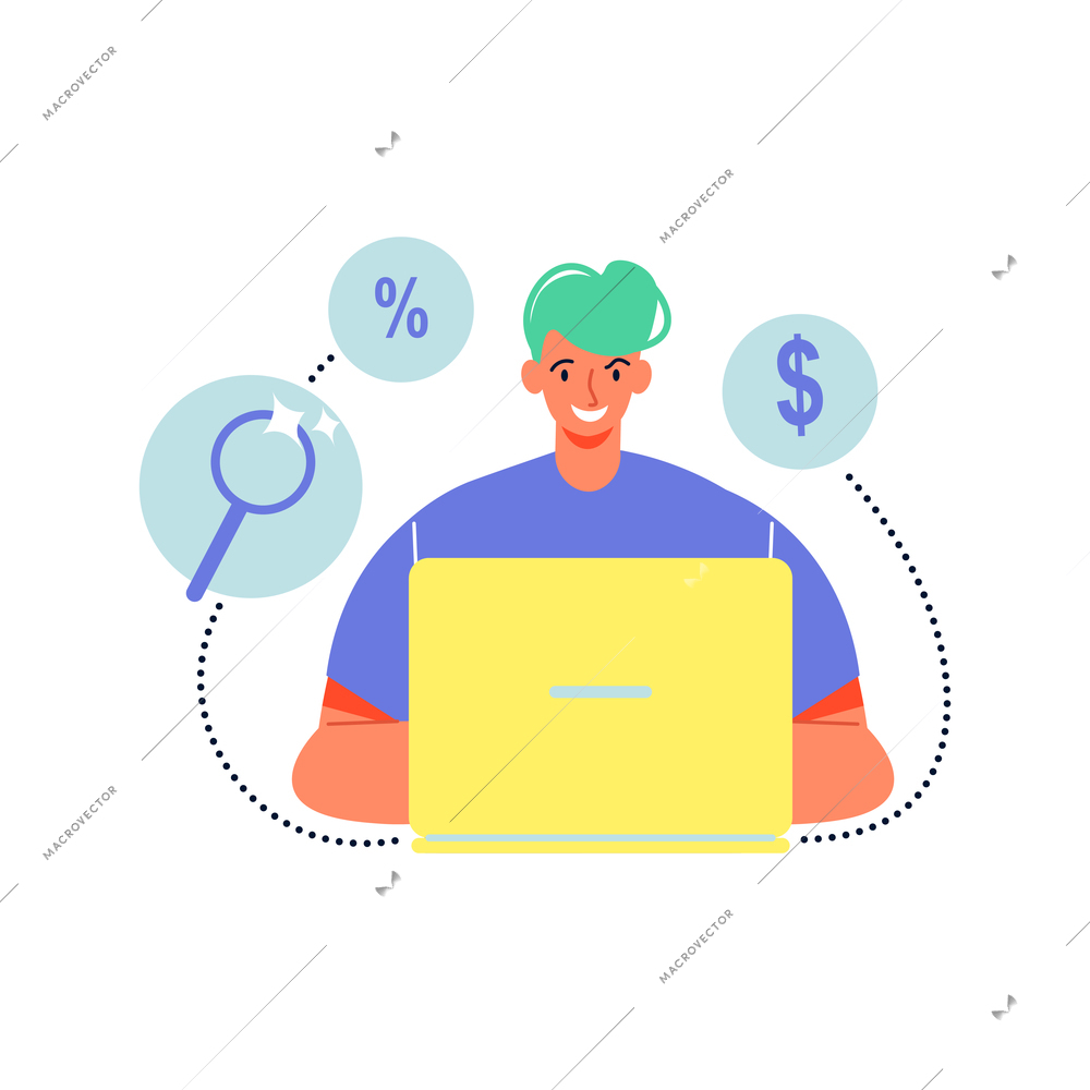 Online shopping composition with discount find and buy pictograms with guy working on laptop vector illustration