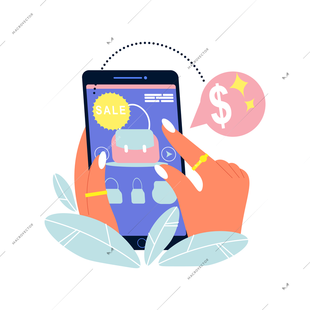 Online shopping composition with dollar pictogram bubble and female hands holding smartphone vector illustration