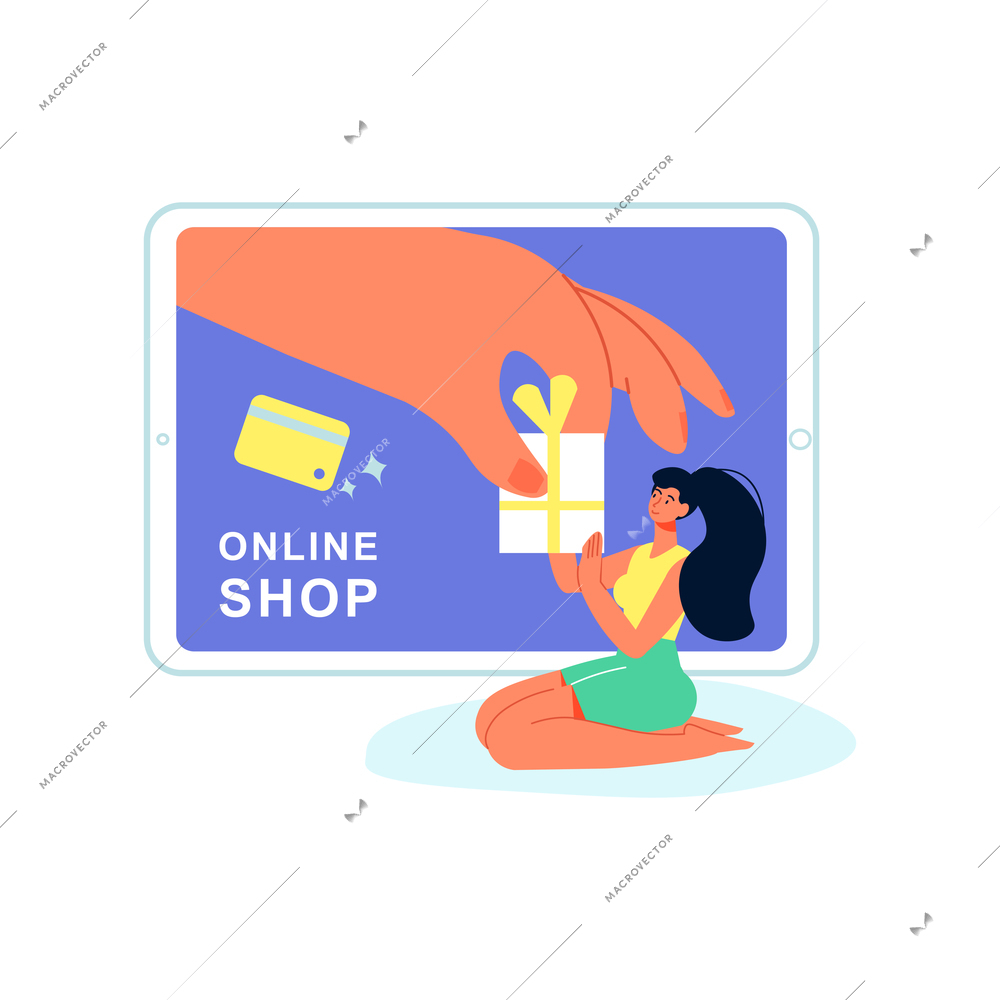 Online shopping composition with desktop computer screen and human hand giving gift to girl vector illustration