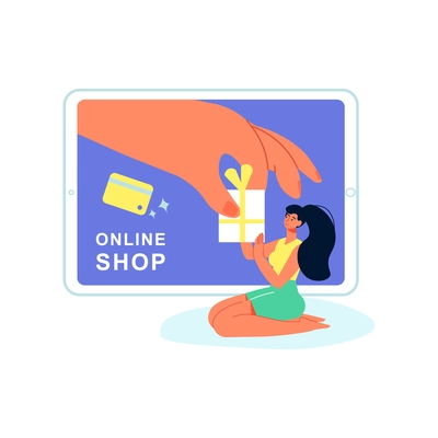 Online shopping composition with desktop computer screen and human hand giving gift to girl vector illustration