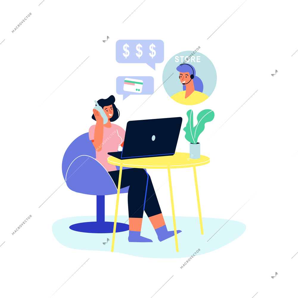 Online shopping composition with pictograms and client calling store support from home vector illustration