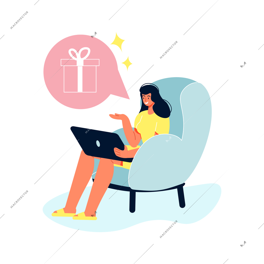 Online shopping composition with thought bubble gift and girl sitting on chair with laptop vector illustration