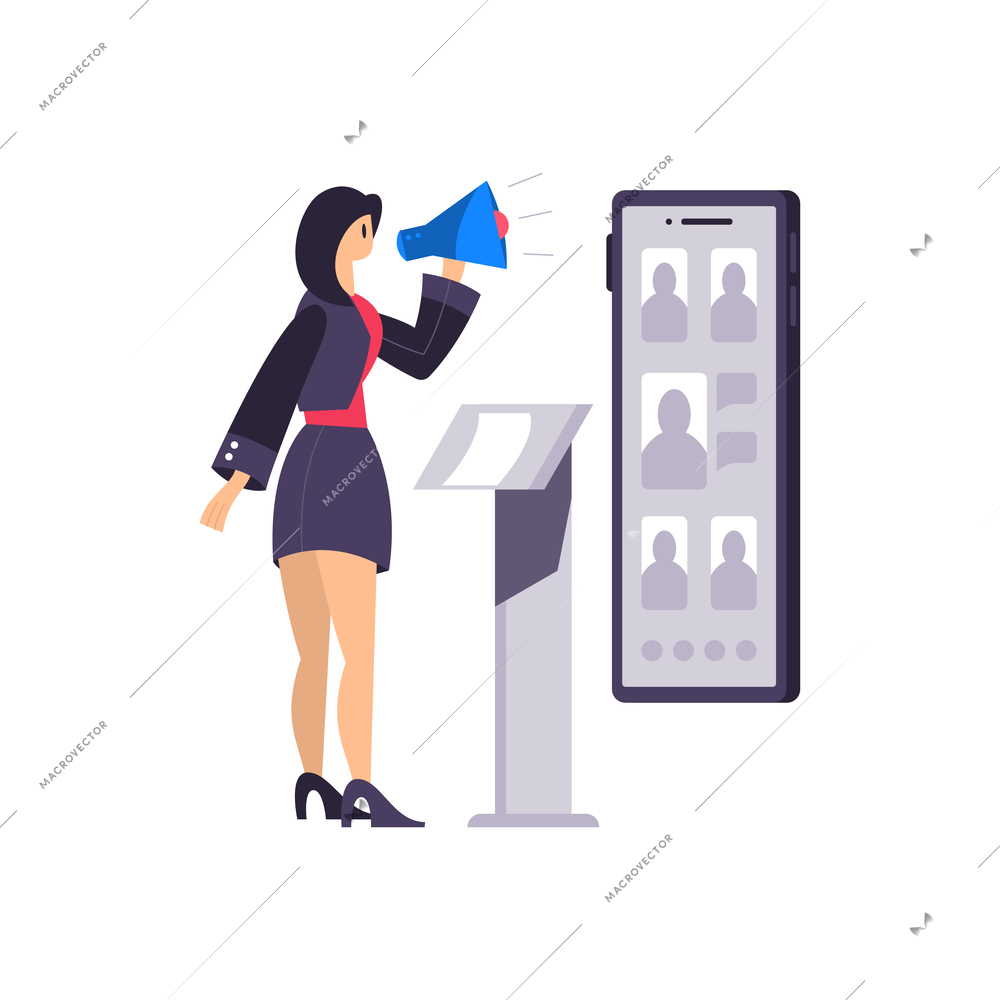 Business office composition with view of tribune with woman speaking into megaphone vector illustration