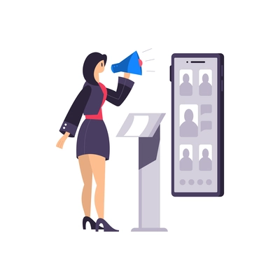 Business office composition with view of tribune with woman speaking into megaphone vector illustration