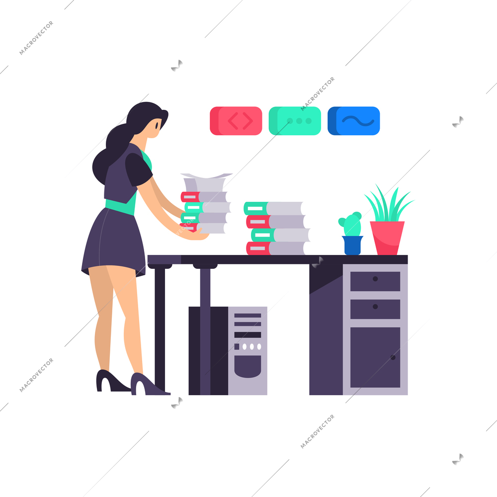 Business office composition with human character of female cleaner performing cleanup of working place vector illustration