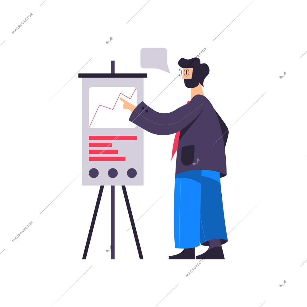 Business office composition with isolated human character of analyst looking at graph on easel vector illustration