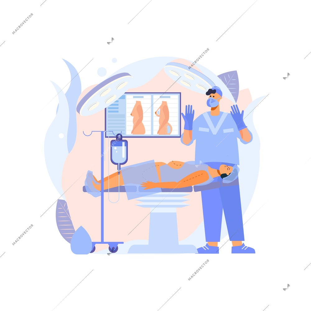 Plastic surgery clinic treatment flat composition with indoor view of surgery room with doctor and patient vector illustration