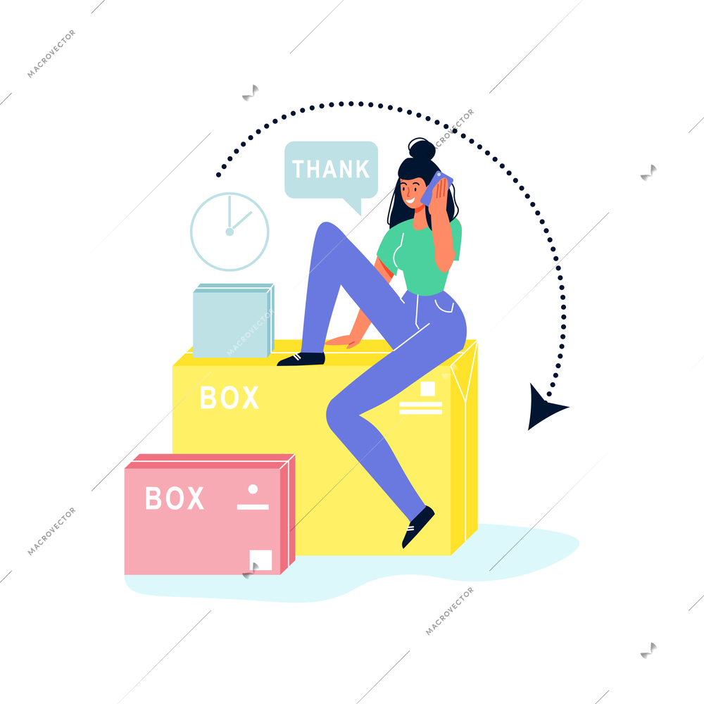 Online shopping composition with pile of boxes pretty girl and sale pictograms with arrows vector illustration