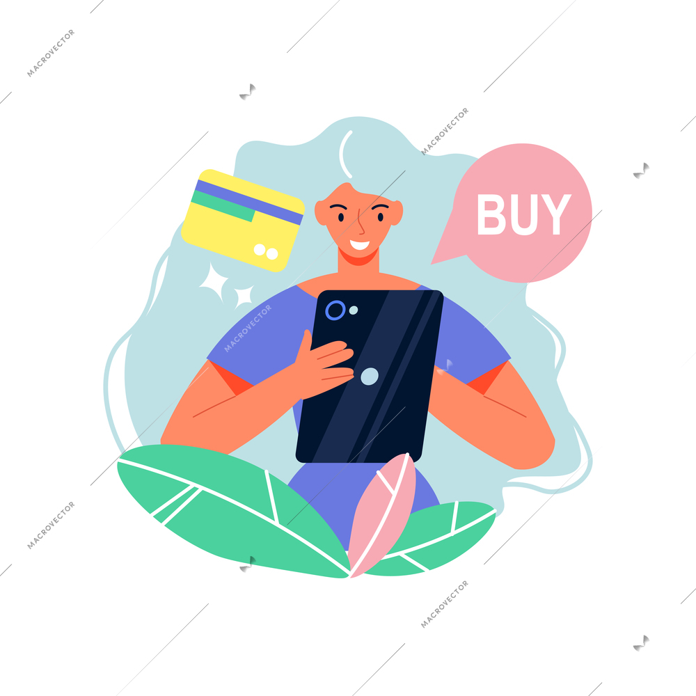 Online shopping composition with credit card and buy pictograms with girl holding tablet vector illustration