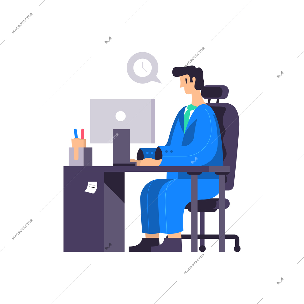 Business office composition with view of working place with character of employee vector illustration