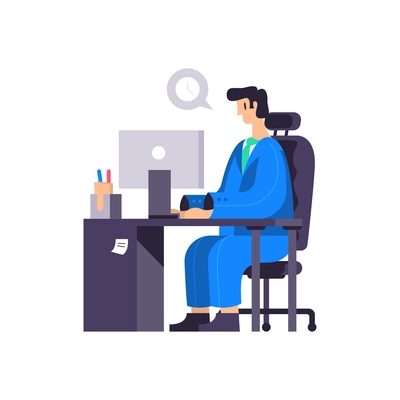 Business office composition with view of working place with character of employee vector illustration