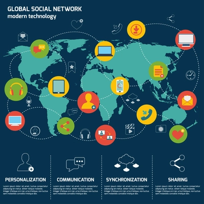 Social network icons flat set with world map and internet elements isolated vector illustration