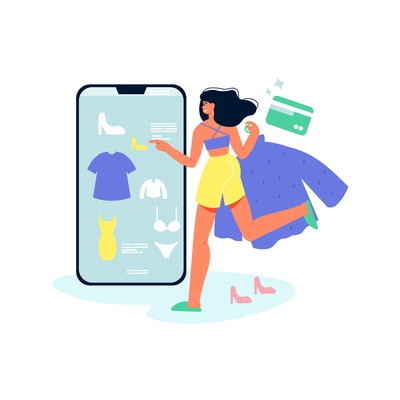 Online shopping composition with sale and buy pictograms with smartphone and girl with dress vector illustration