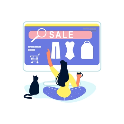 Online shopping composition with sale and buy pictograms with computer store and girl at computer vector illustration