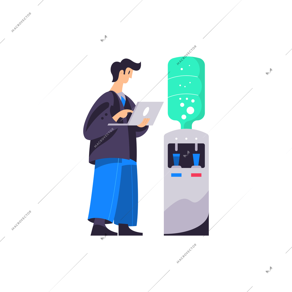 Business office composition with human character of male employee with laptop and water heater vector illustration
