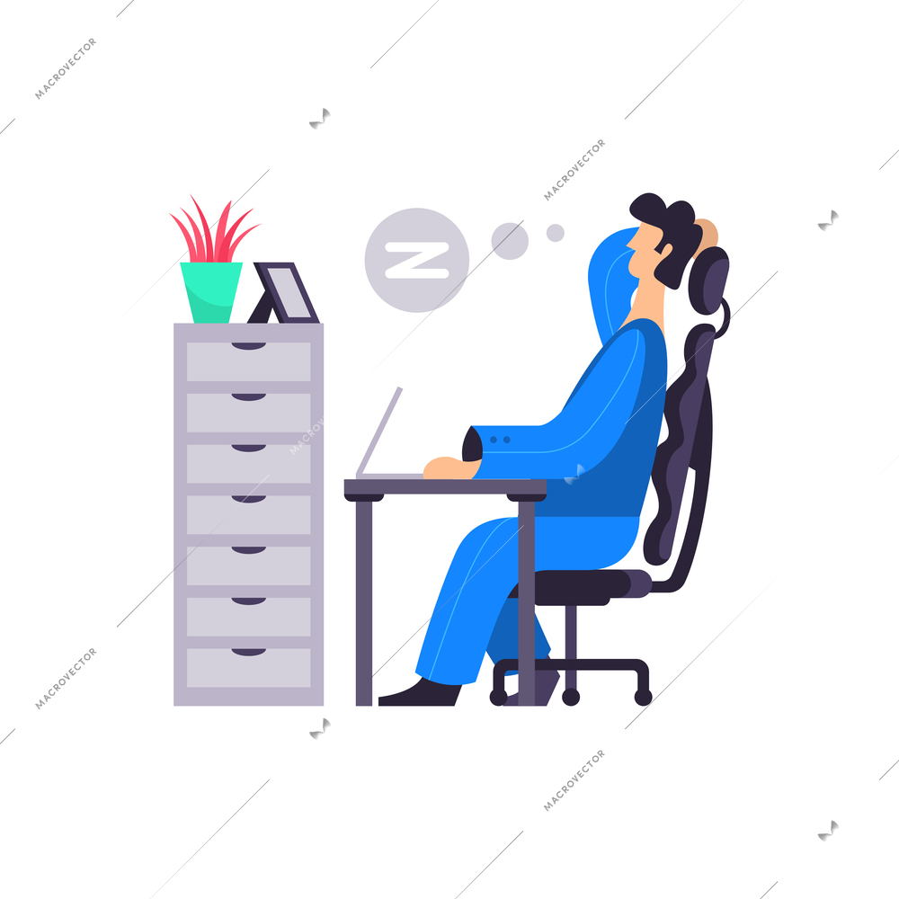 Business office composition with view of working place with character of employee vector illustration