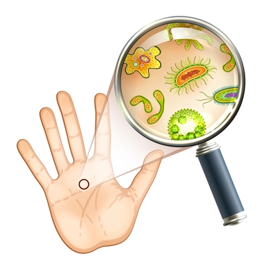 Magnifier and bacteria and virus cells on human palm vector illustration.