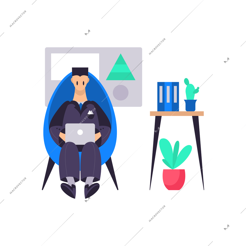 Business office composition with view of cozy working place with character of employee vector illustration