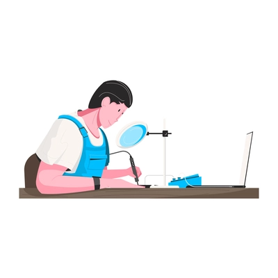 Smartphone flat composition with human character of repairman at table fixing smartphones vector illustration