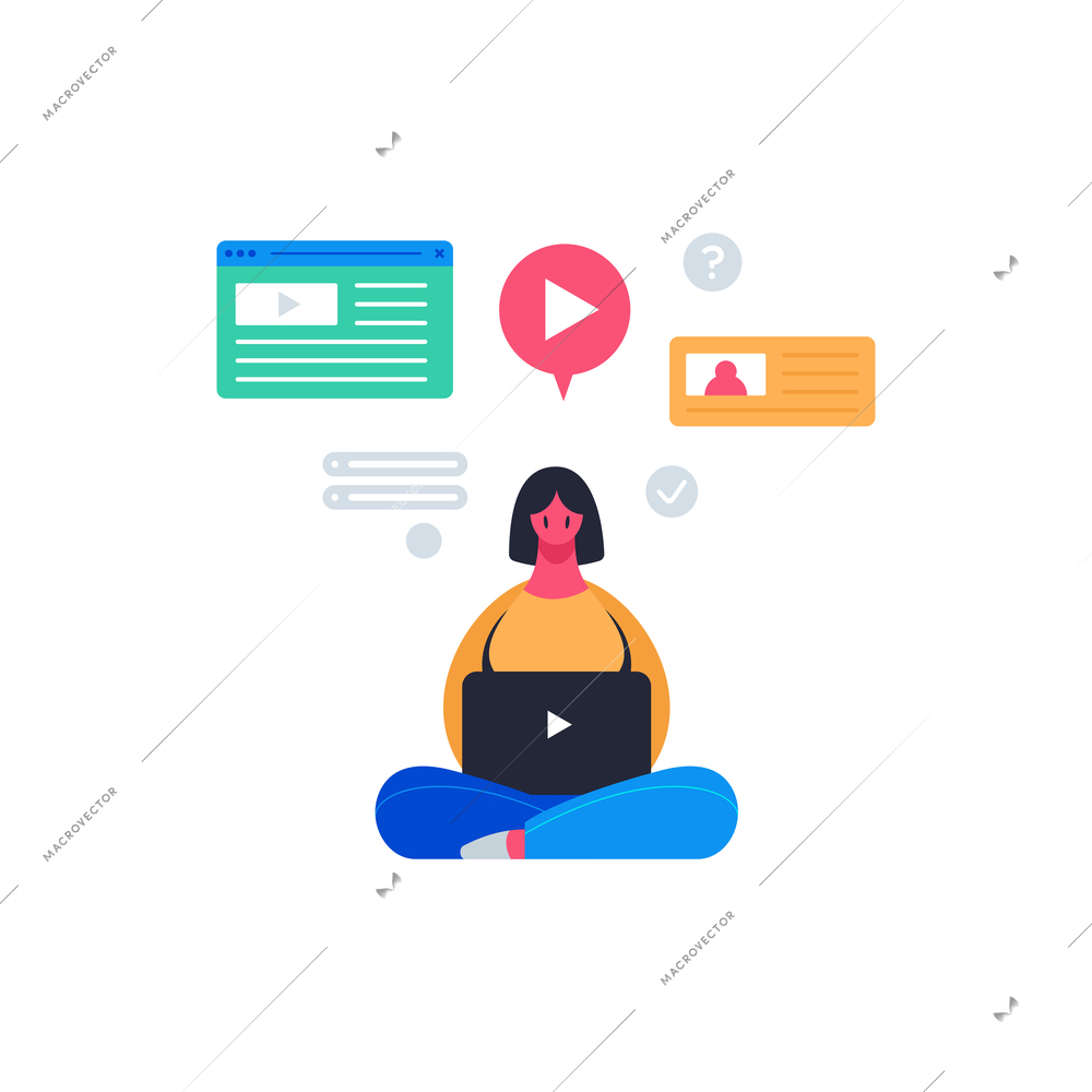 Online education composition with icons and round pictograms computer gadgets and student character vector illustration