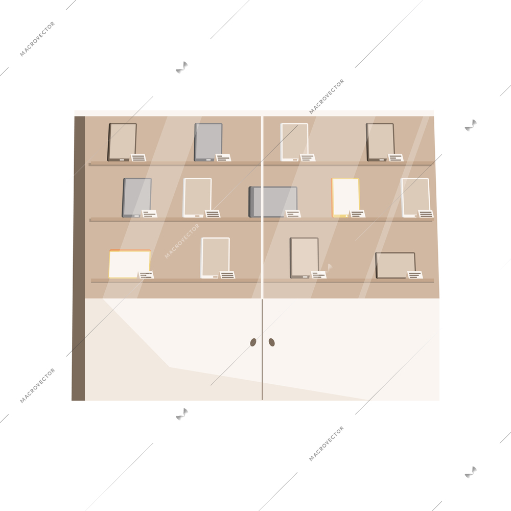 Smartphone flat composition with isolated image of cabinet display with shelves and smartphones price tag vector illustration