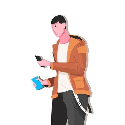 Smartphone flat composition with isolated character of guy holding smartphone and hard case vector illustration