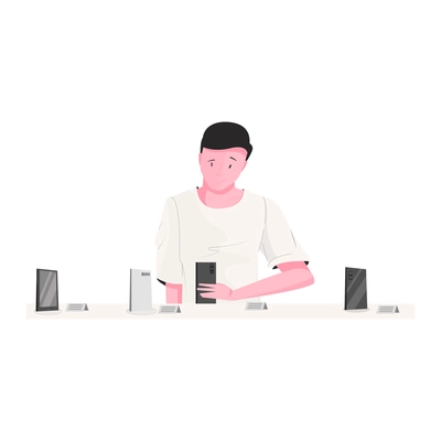 Smartphone flat composition with human character of young man looking at smartphones in store vector illustration