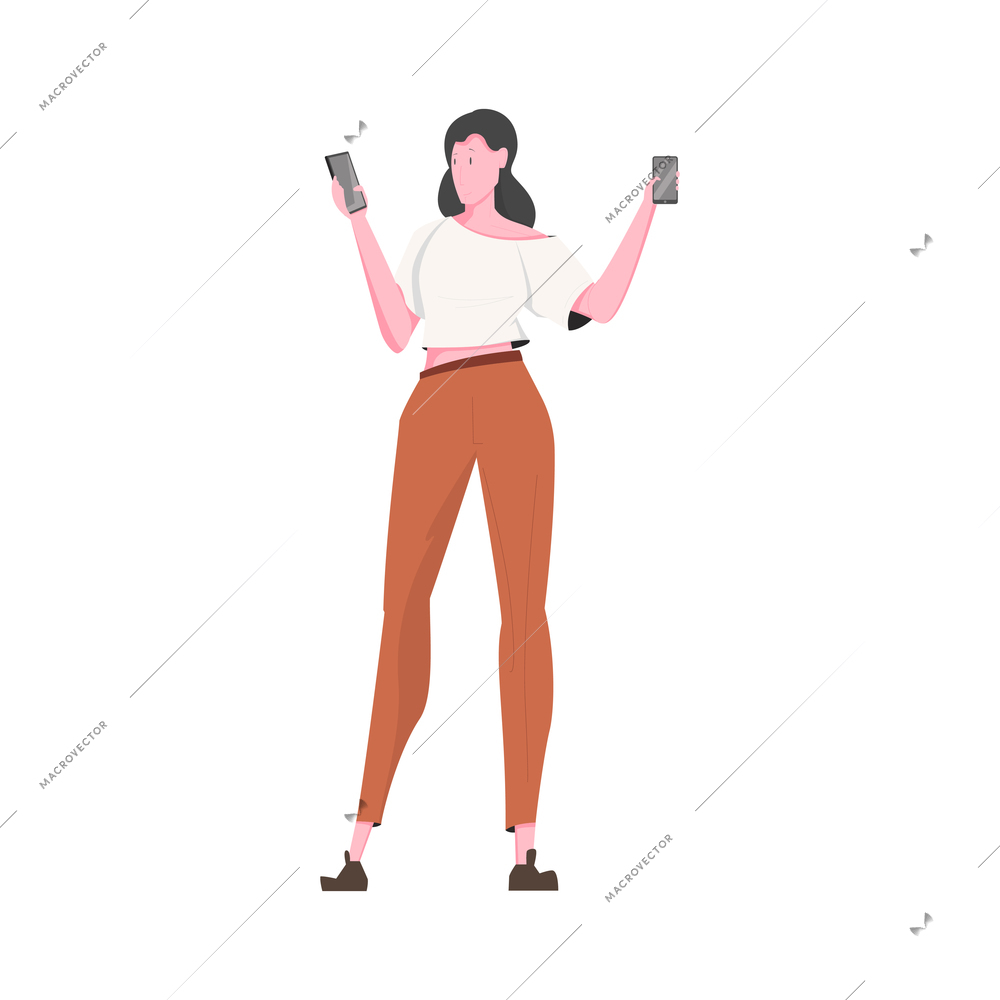Smartphone flat composition with human character of pretty girl holding smartphones in hands vector illustration