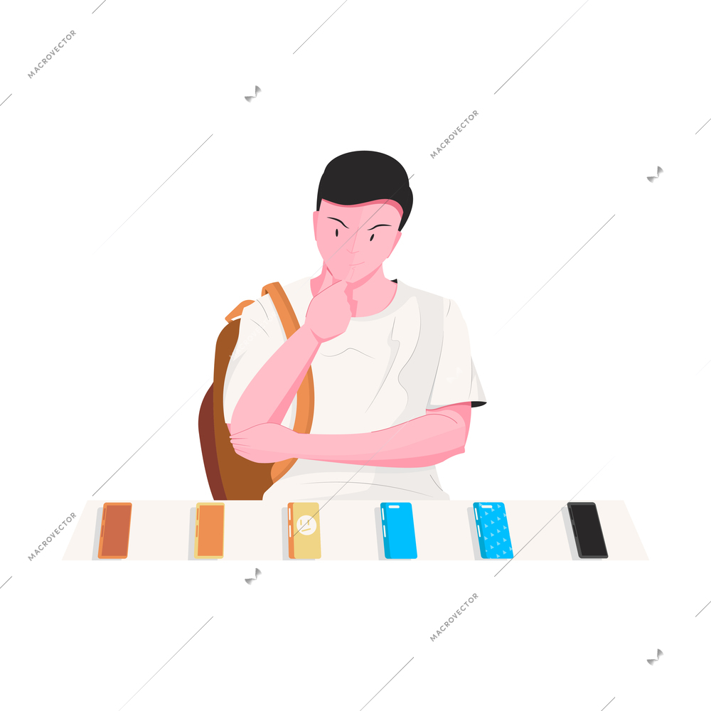 Smartphone flat composition with character of guy looking at range of smartphones of different color vector illustration