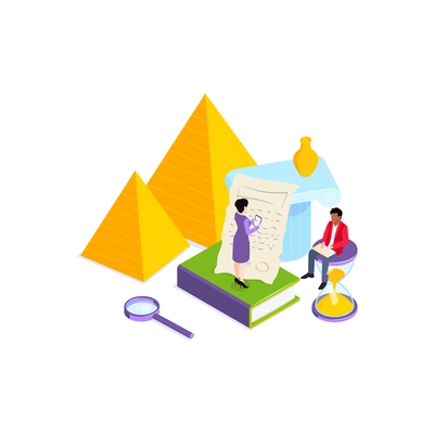 School subjects isometric composition with images of books and platonic solid bodies with teacher and pupil vector illustration