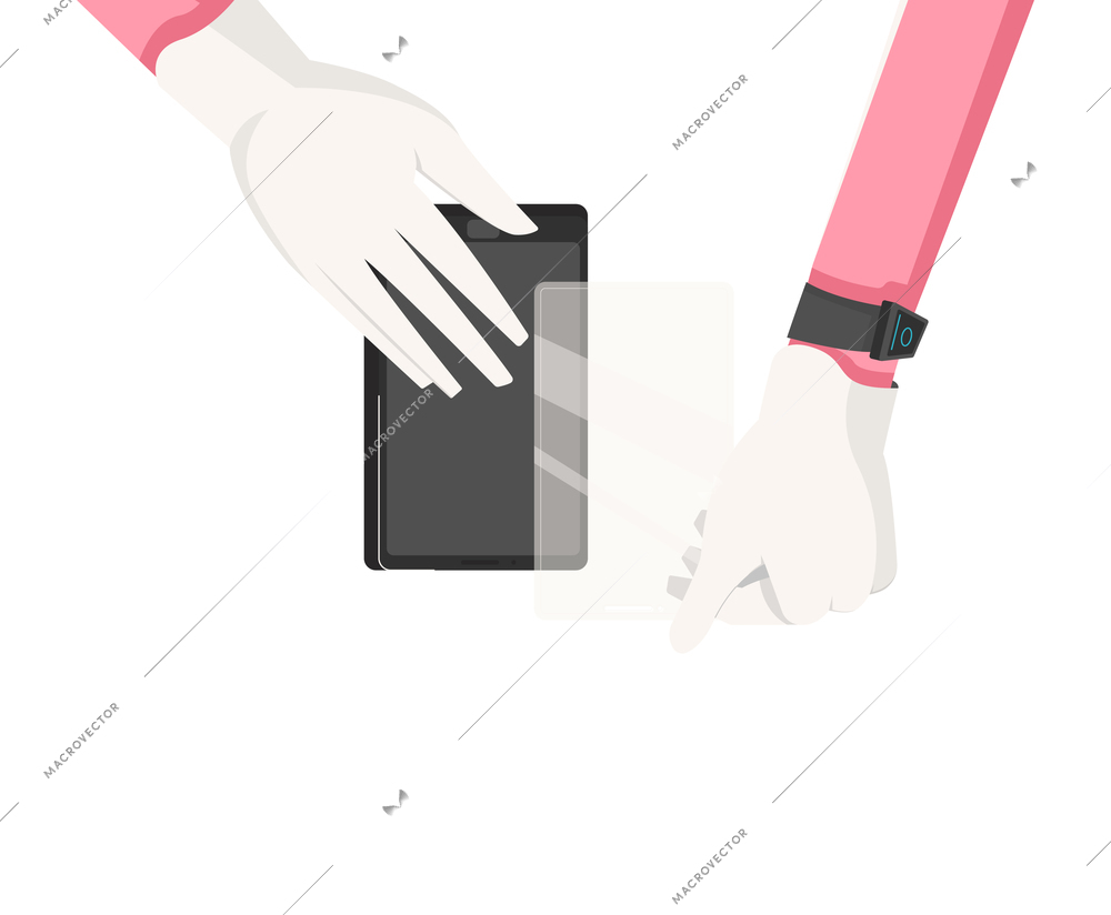 Smartphone flat composition with human hands in gloves holding smartphone and protective film vector illustration