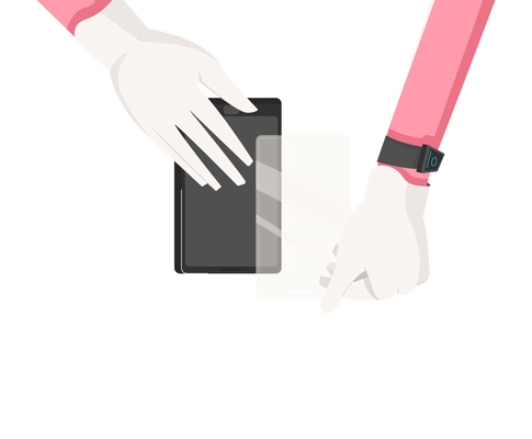 Smartphone flat composition with human hands in gloves holding smartphone and protective film vector illustration