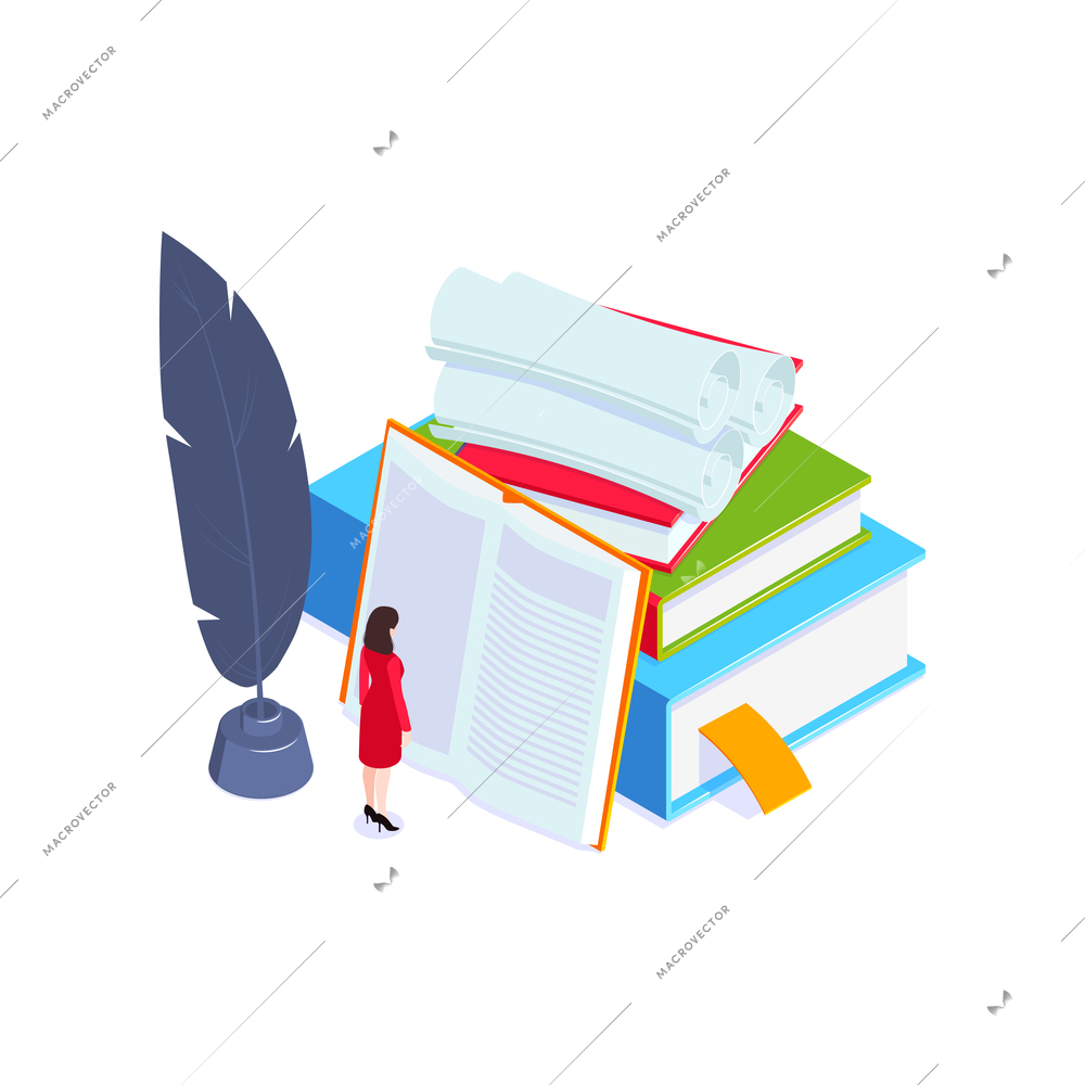 School subjects isometric composition with images of books and copybooks with vintage paper rolls vector illustration