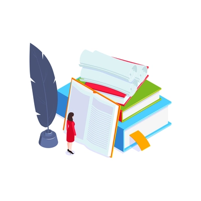 School subjects isometric composition with images of books and copybooks with vintage paper rolls vector illustration