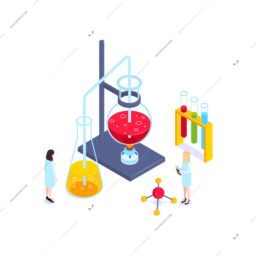 School subjects isometric composition with images of test tube set on burner with people vector illustration