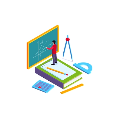 School subjects isometric composition with character of teacher drawing graph on chalkboard vector illustration