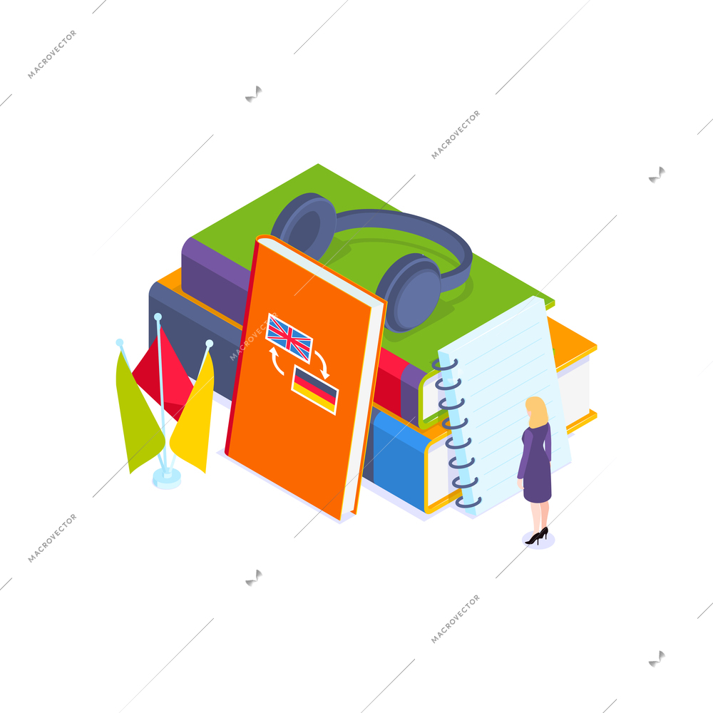 School subjects isometric composition with stack of dictionary books in foreign languages with flags and arrows vector illustration