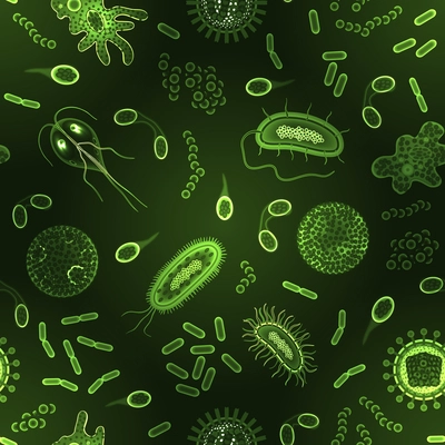 Bacteria virus and germs microorganism cells green inversion seamless pattern vector illustration