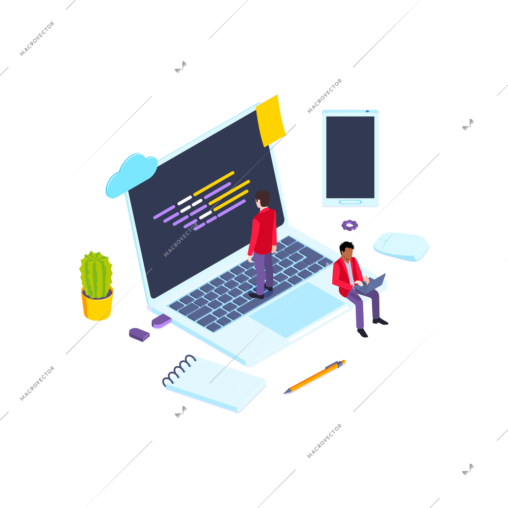 School subjects isometric composition with images of laptop and smartphone among stationery goods vector illustration